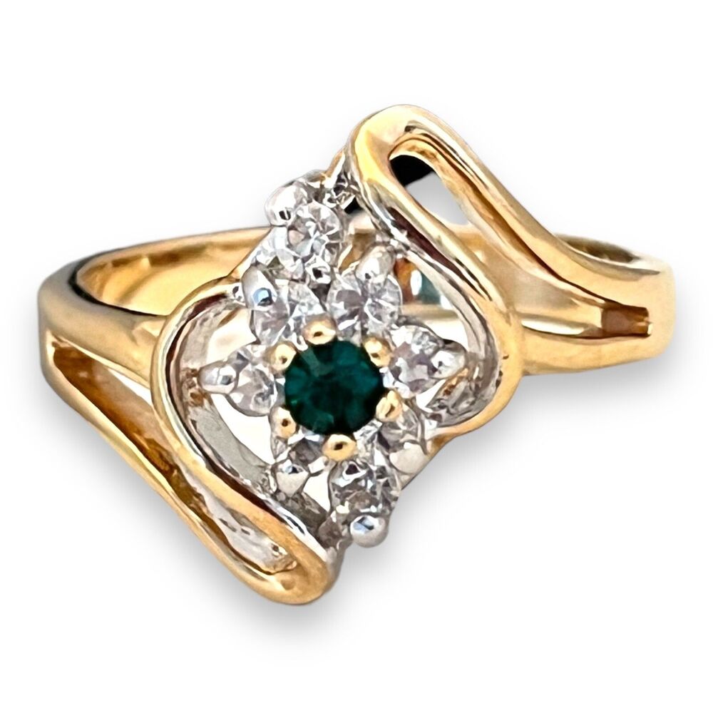 Vintage 1960s Ring Size 7 Mid Century Green Crystal CZ Gold Plate - 14A - Picture 5 of 11